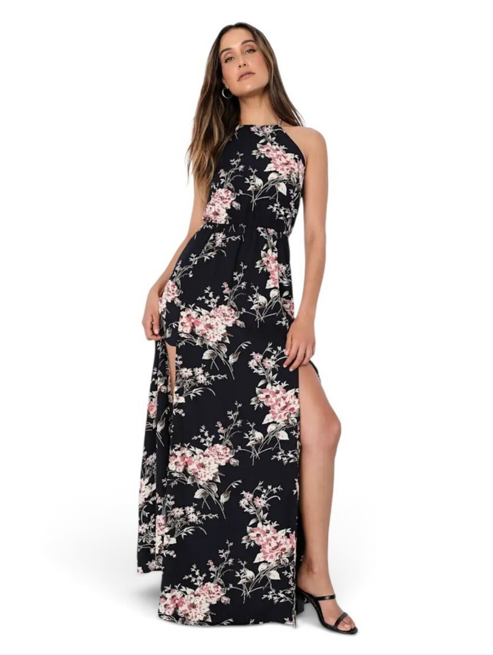Lulus Feel the Music Midnight Blue Floral Print Maxi Dress Size M